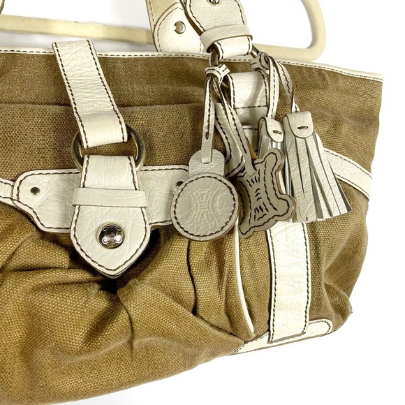 Celine Boogie Canvas Bag Olive Khaki Satchel Cream Leather Straps Medium - Picture 3 of 14
